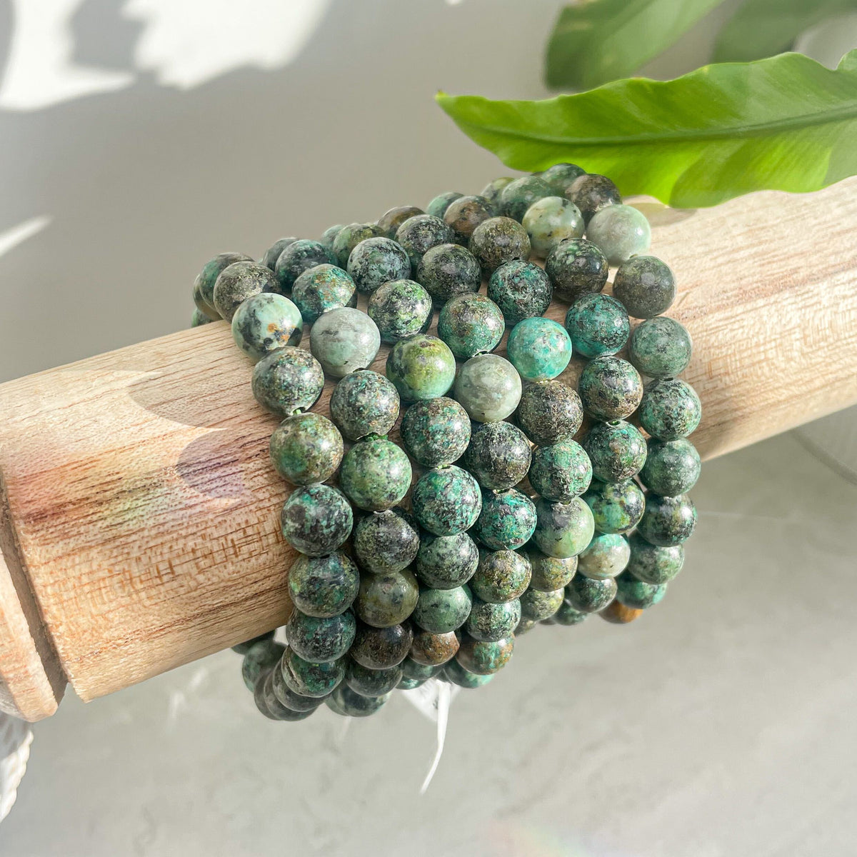 8mm African turquoise bead stretch bracelet, mottled green stone, Ordinary Magic, Savannah GA