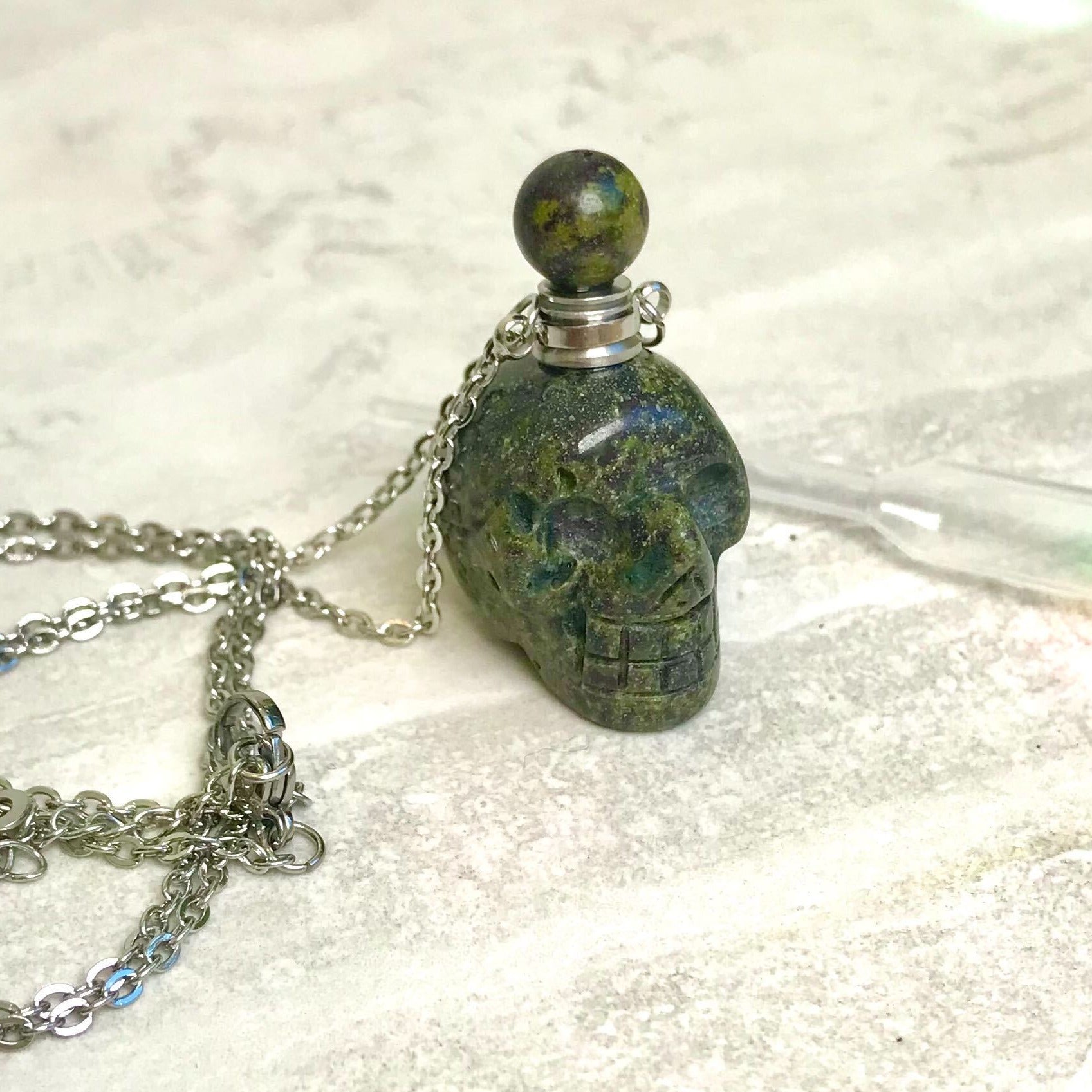 Crystal Skull Potion Bottle Necklace - Various Crystal Options