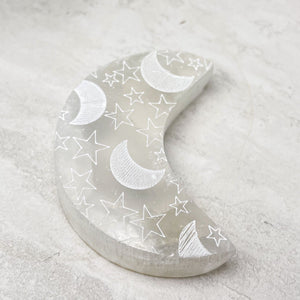 Etched Selenite Crescent Moon
