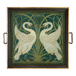 Two White Swans Decorative Tray with Brass Handles: Large