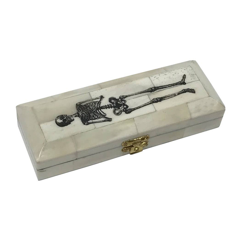 Skeleton-on-Coffin Black Scrimshaw Ox Bone Box 6-1/2"