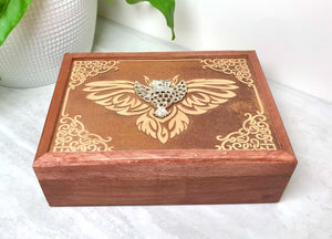 Acacia Wood Engraved Owl Box