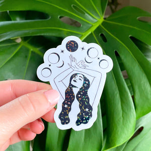 Witchy Woman Moon Phase Celestial Glitter Sticker Waterproof