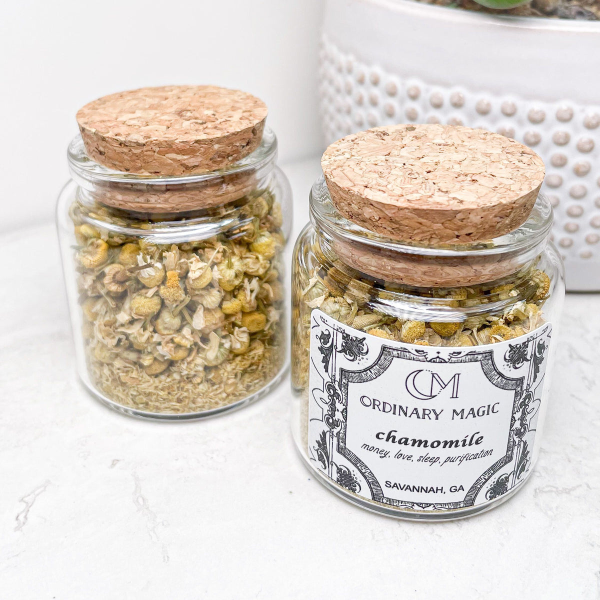 Dried chamomile flowers in a jar — calming herb for spells and tea, Ordinary Magic, Savannah GA