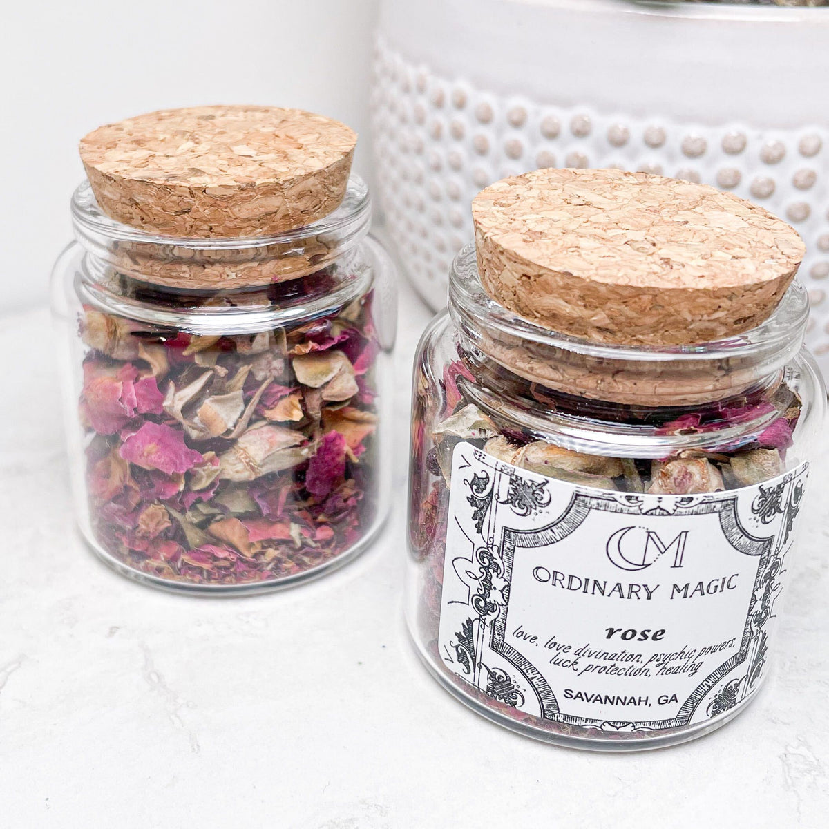 Dried rose petals in a jar — herb for love and protection rituals, Ordinary Magic, Savannah GA