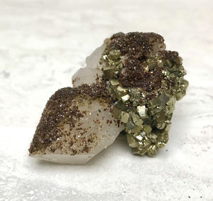 Hubeite with Pyrite on Quartz Specimen