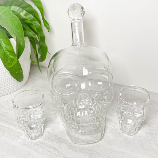 Crystal Skull Decanter with  Two Shot Glasses